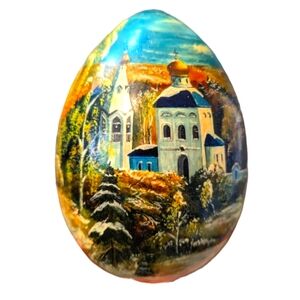 Russian Painted Wood Egg with Church Large